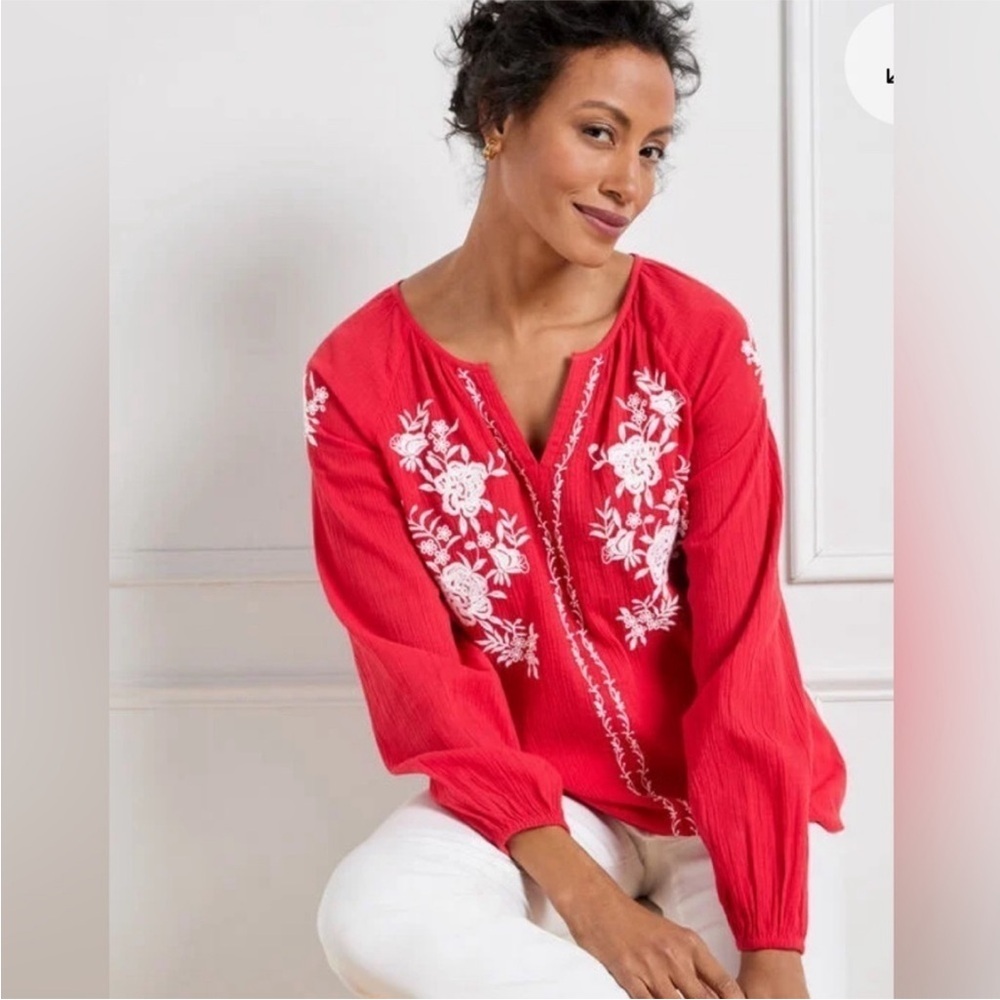 Talbots Red & White Embroidered Gauze Top size 1X-NWT